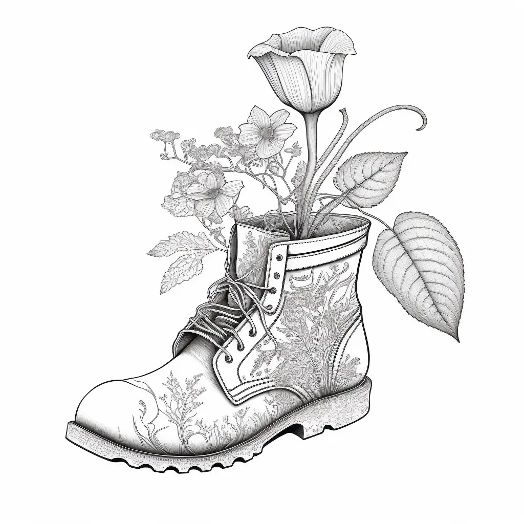 clean coloring book page of a boot with a flower growing out of it, black and white